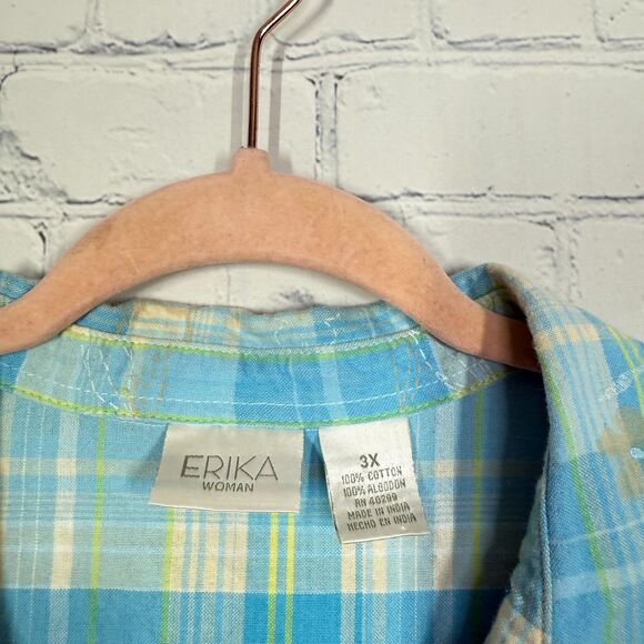 Cottage Shirt Plaid Floral Embroidered Women Plus Size 3X Check Button Cabin Top - Picture 4 of 8